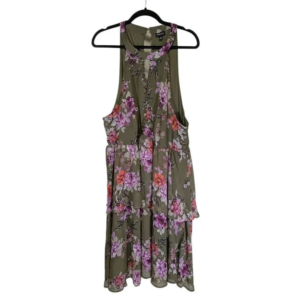Torrid Olive Floral Chiffon Ruffle High Neck Dress Women's 3X